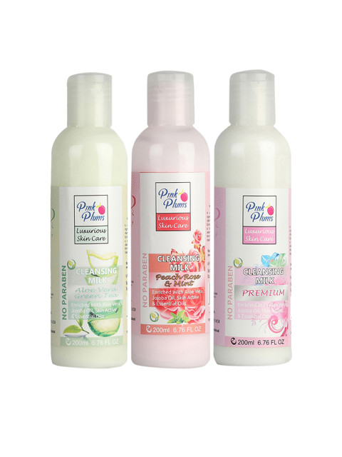 

Pink Plums Set of 3 Aloevera Peach Rose & Mint Premium Cleansing Milk, Multi