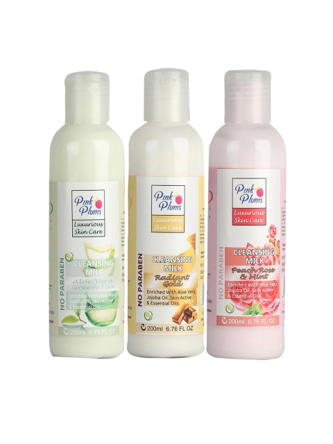 

Pink Plums Set of 3 Aloevera Gold Peach Rose & Mint Cleansing Milk, Multi