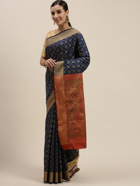

Mitera Navy Blue & Orange Woven Design Zari Silk Blend Saree