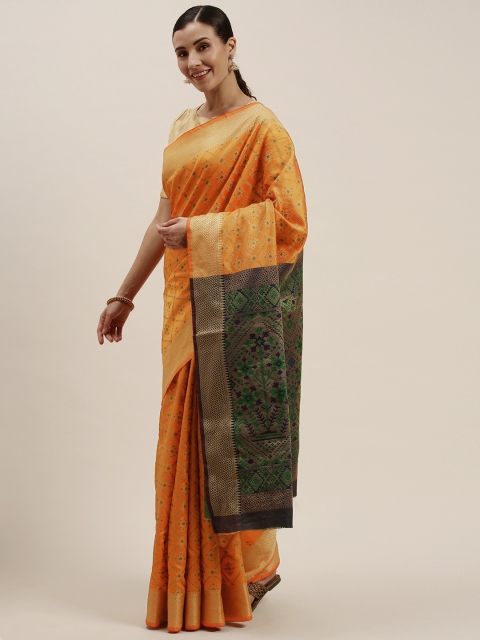 

Mitera Orange & Green Ethnic Motifs Zari Jacquard Silk Blend Patola Saree