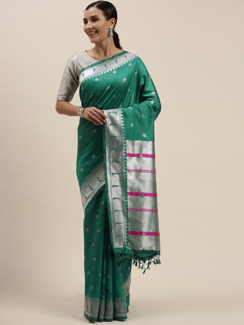 

Mitera Black & Silver-Toned Woven Design Zari Silk Blend Saree