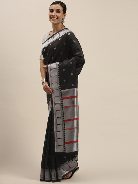 

Mitera Green & Silver-Toned Woven Design Zari Silk Blend Saree
