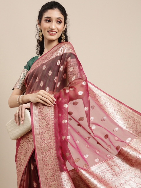 

Saree mall Brown Ethnic Motifs Zari Organza Banarasi Sarees