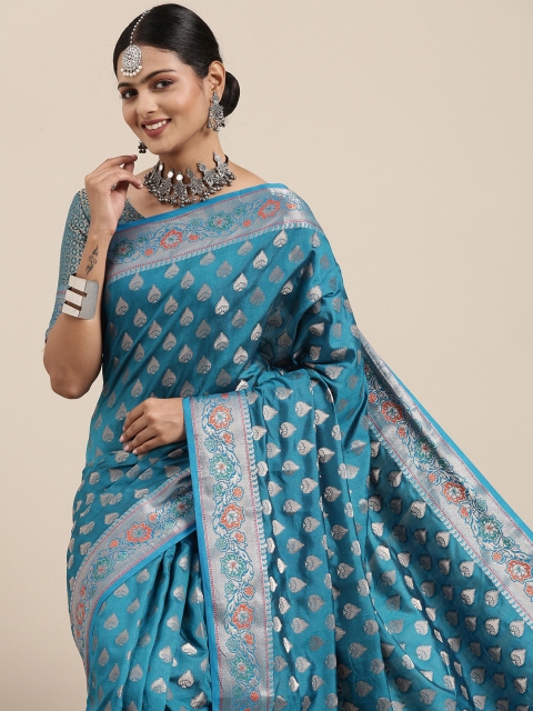 

Saree mall Blue Ethnic Motifs Zari Silk Blend Banarasi Sarees