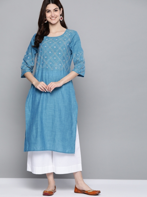 

HERE&NOW Women Blue Pure Cotton Thread Work Indigo Kurta