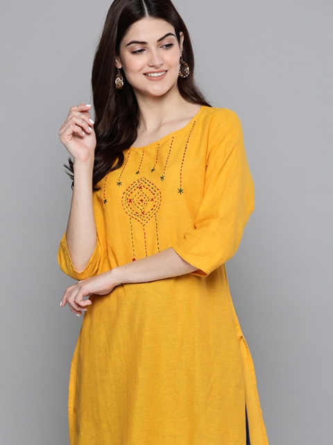 

HERE&NOW Women Yellow Pure Cotton Thread Work Kurta