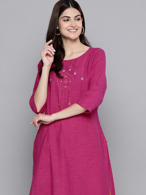 

HERE&NOW Women Magenta Pure Cotton Embroidered Thread Work Kurta