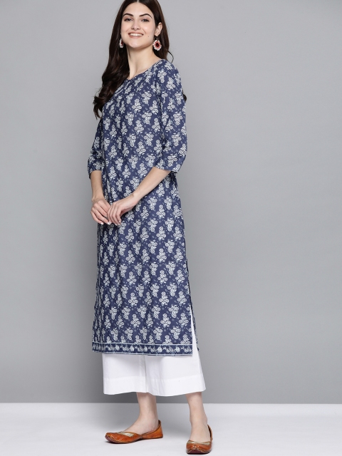 

HERE&NOW Women Blue Pure Cotton Floral Print Keyhole Neck Floral Kurta