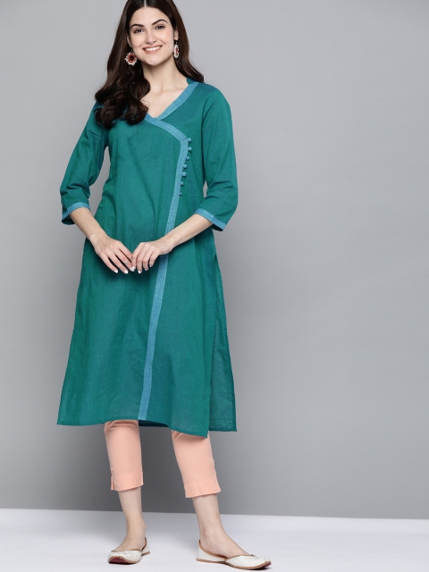 

HERE&NOW Women Teal Blue Pure Cotton Angrakha Kurta