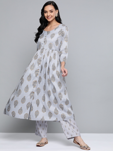 

HERE&NOW Women Grey Floral Printed Empire Pure Cotton Kurta with Palazzos