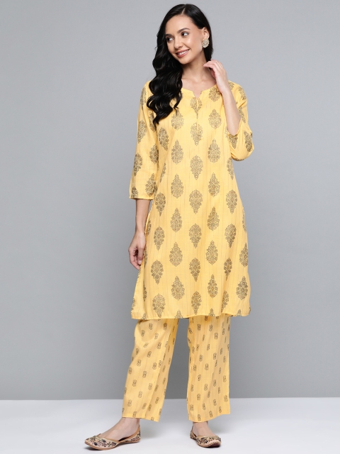 

HERE&NOW Women Yellow Floral Printed Regular Pure Cotton Kurta with Salwar