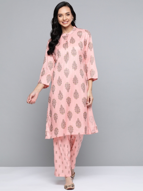 

HERE&NOW Women Pink Floral Printed Regular Pure Cotton Kurta with Trousers