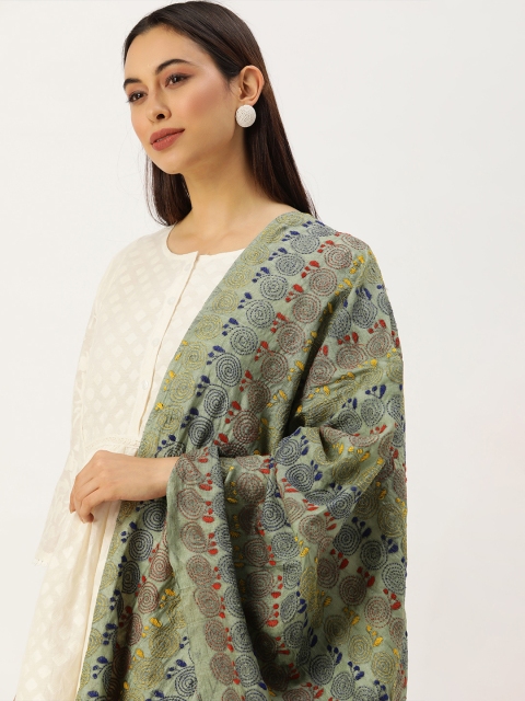 

ArtEastri Olive Green Embroidered Pure Silk Dupatta with Kantha Work
