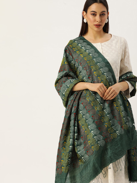

ArtEastri Green Ethnic Motifs Woven Design Pure Silk Dupatta with Kantha Work