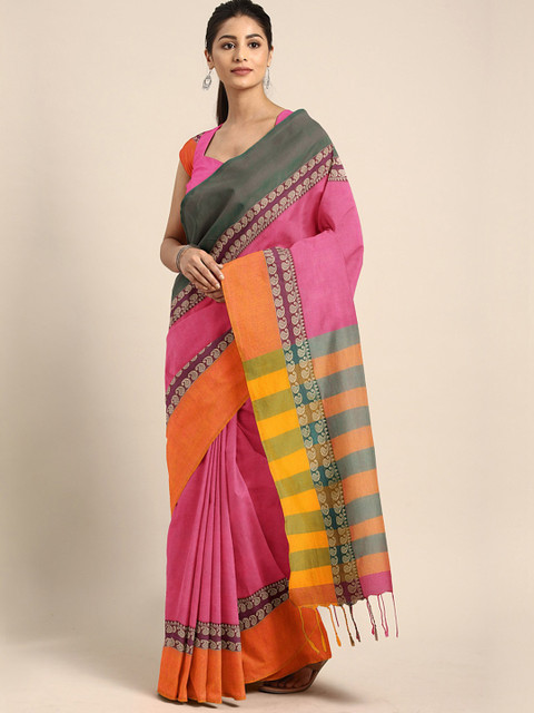 

Kalakari India Pink & Multicoloured Ethnic Motifs Pure Cotton Jamdani Saree