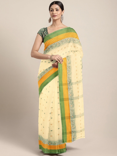 

Kalakari India Cream-Coloured & Multicoloured Woven Design Silk Cotton Taant Saree