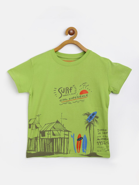 

Gini and Jony Boys Green & Coffee Brown Graphic & Tropical Print Cotton T-shirt