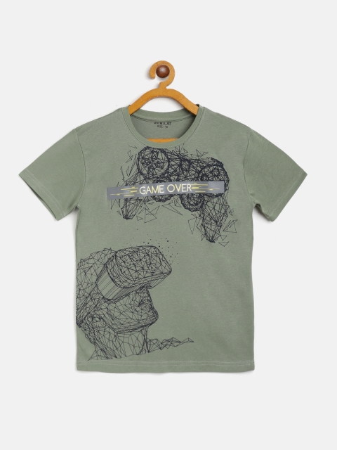 

Gini and Jony Boys Olive Green Navy Blue Geometric Print Pure Cotton T-shirt