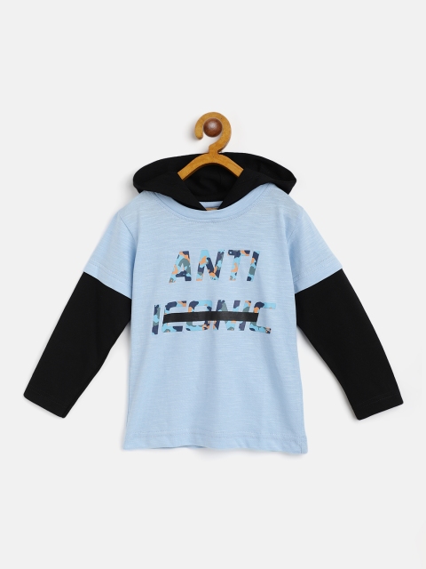 

Gini and Jony Boys Blue & Black Cotton Typography Printed Hooded T-shirt