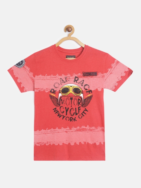 

Gini and Jony Boys Red & Black Pure Cotton Biker Printed Applique T-shirt