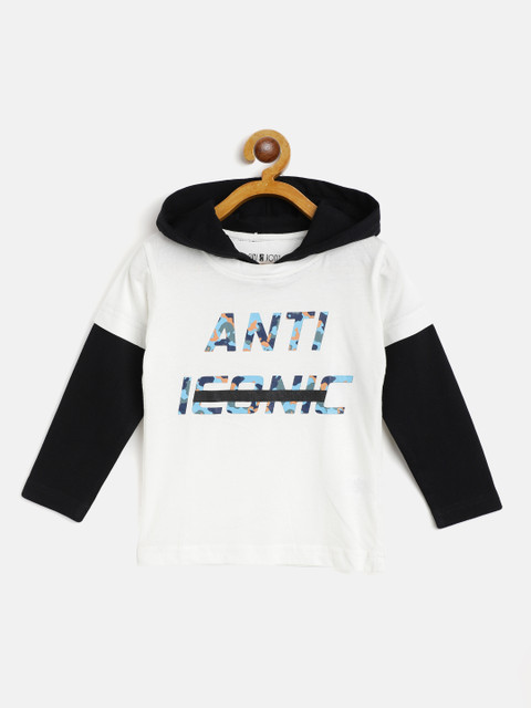 

Gini and Jony Boys White Black Typography Print Cotton Hooded Pure Cotton T-shirt