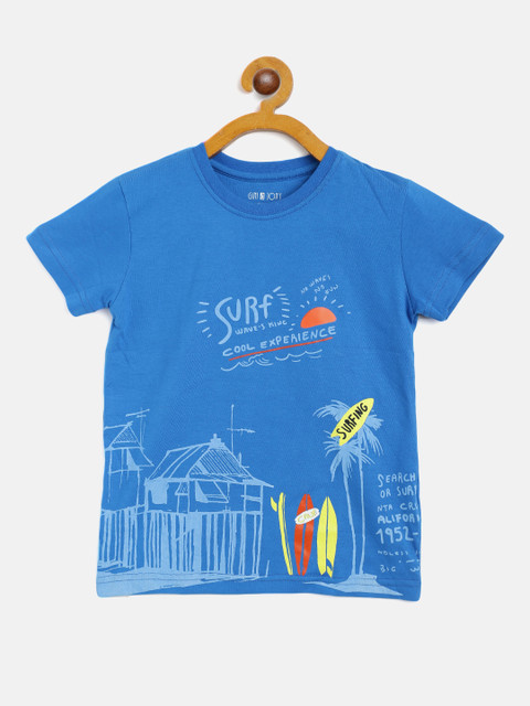 

Gini and Jony Boys Blue & Yellow Graphic & Tropical Cotton T-shirt