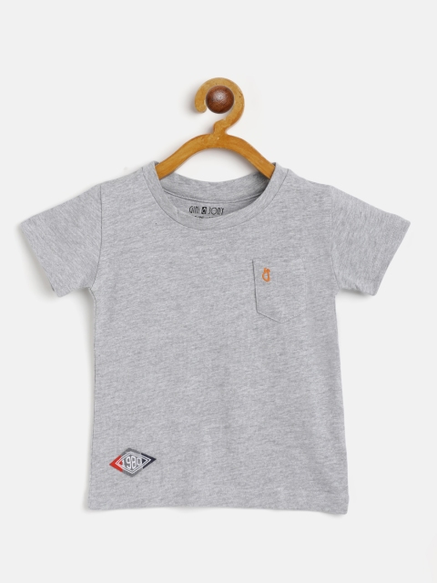 

Gini and Jony Boys Grey Melange & Orange Brand Logo Printed Cotton T-shirt