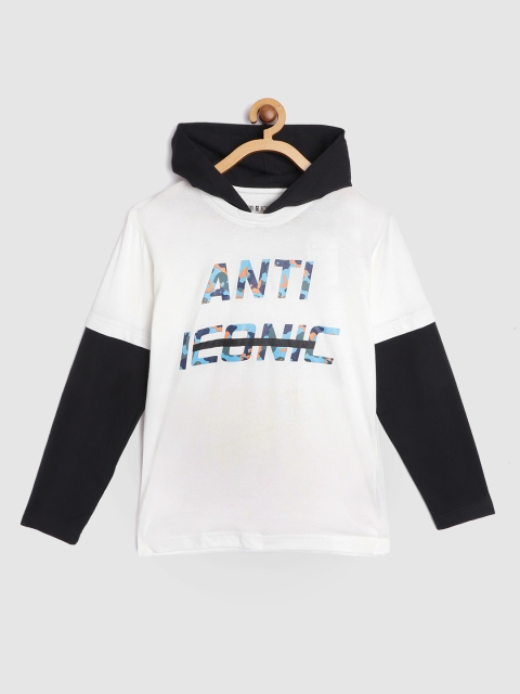 

Gini and Jony Boys White & Black Typography Print Pure Cotton Hooded T-shirt