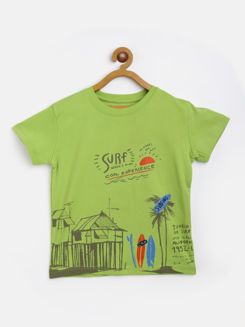 

Gini and Jony Boys Green & Coffee Brown Graphic & Tropical Print Cotton T-shirt