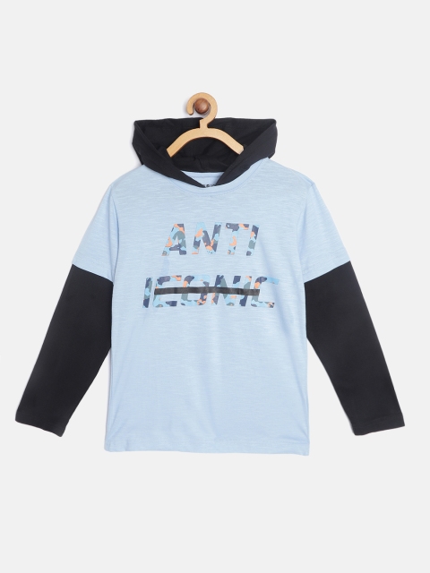 

Gini and Jony Boys Blue Black Typography Print Pure Cotton Hooded Pure Cotton T-shirt