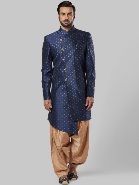 

ethnix Men Blue & Gold Ethnic Motifs Printed Indowestern Sherwani Set