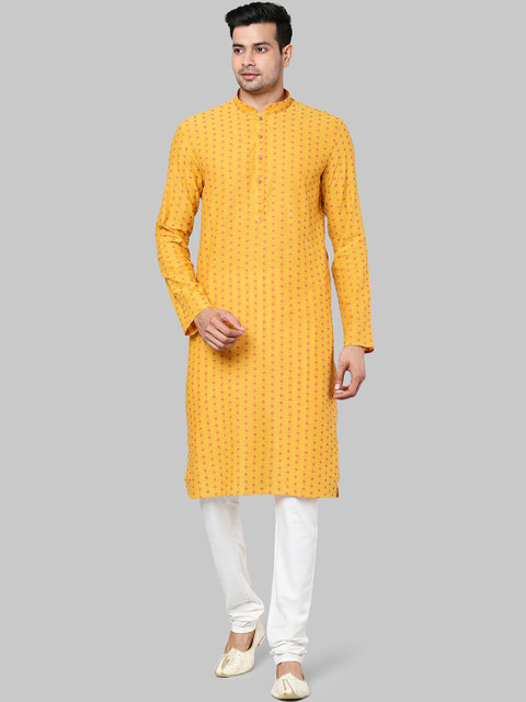 

ethnix Men Yellow Ethnic Motifs Embroidered Chikankari Kurta