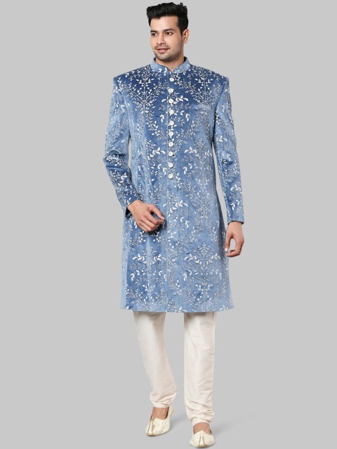 

Ethnix Men Blue & White Printed Sherwani Set