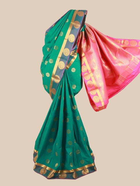 

Pothys Green & Pink Silk Blend Ethnic Motifs Woven Designed Saree