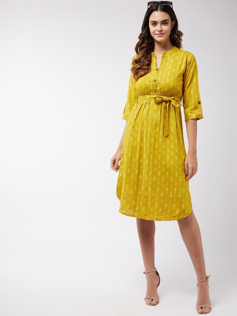 

InWeave Yellow Printed Empire Dress With Waist Tie-Ups