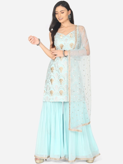 

BOMBAY SELECTIONS Women Sea Green & Gold-Coloured Embroidered Kurta with Sharara & Dupatta