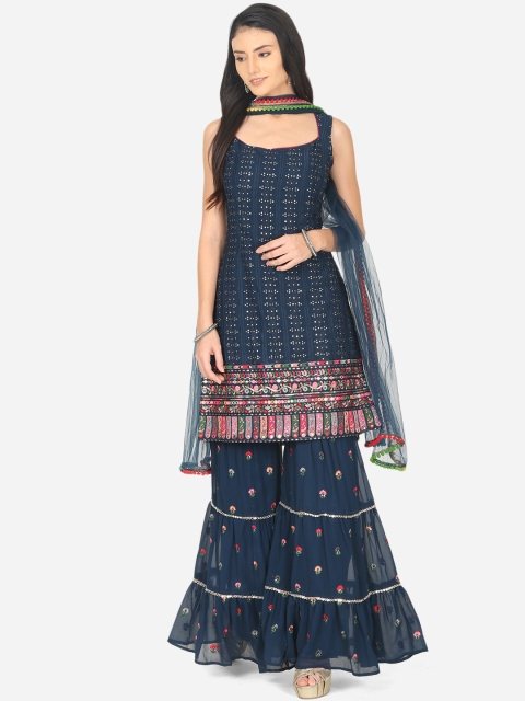 

BOMBAY SELECTIONS Women Navy Blue & Pink Embroidered Kurta with Sharara & Dupatta