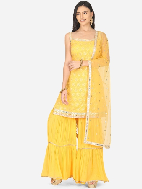 

BOMBAY SELECTIONS Women Yellow Floral Embroidered Kurta with Sharara & Dupatta
