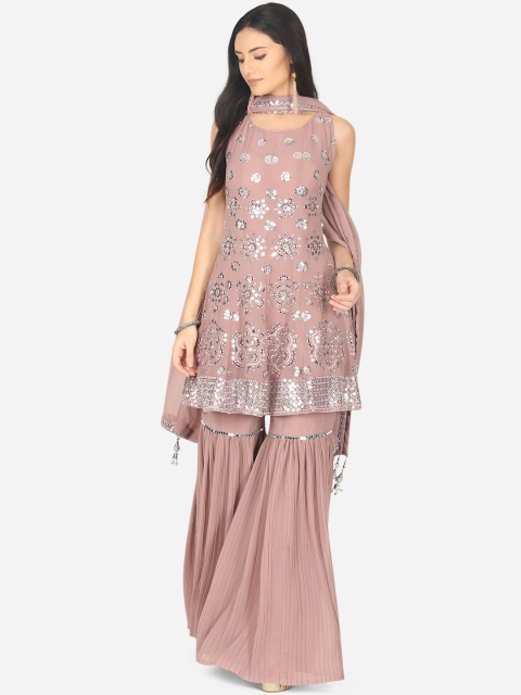 

BOMBAY SELECTIONS Women Mauve & Silver-Coloured Embroidered Kurta with Sharara & Dupatta
