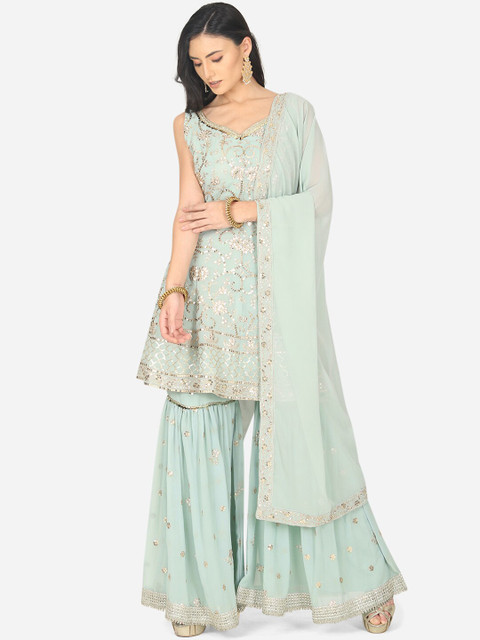 

BOMBAY SELECTIONS Women Sea Green & Gold-Coloured Embroidered Kurta with Sharara & Dupatta