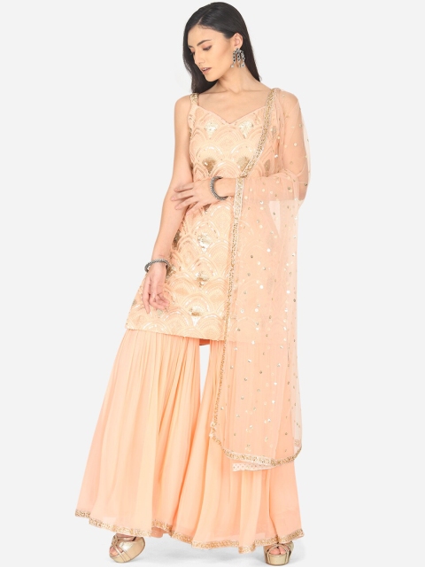 

BOMBAY SELECTIONS Women Peach-Coloured Embroidered Kurta with Sharara & Dupatta