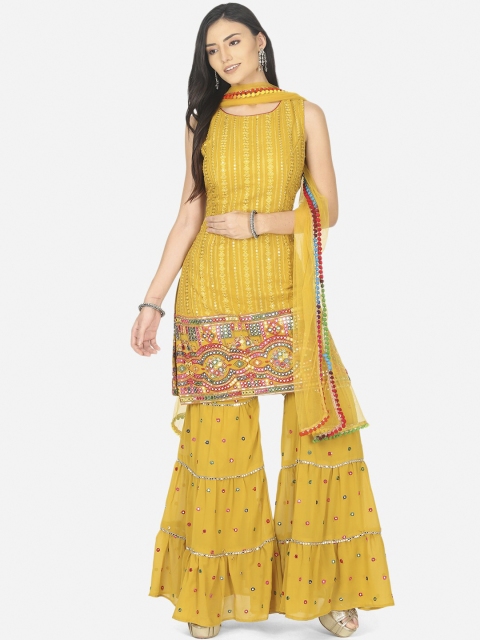 

BOMBAY SELECTIONS Women Mustard Yellow Embroidered Kurta with Sharara & Dupatta