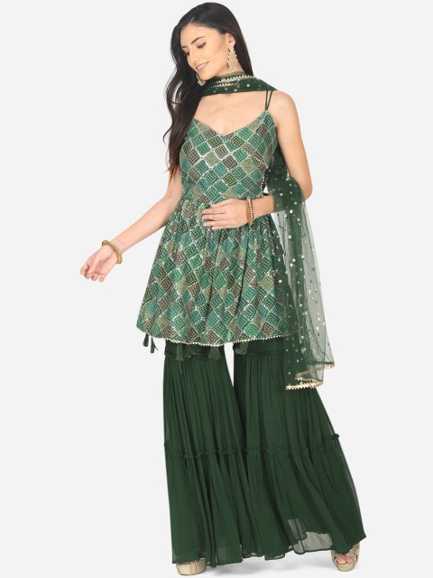 

BOMBAY SELECTIONS Women Green Embroidered Pleated Sequinned Kurta with Sharara & Dupatta