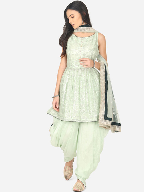 

BOMBAY SELECTIONS Women Sea Green Embroidered Silk Crepe Kurta with Dhoti Pants & Dupatta