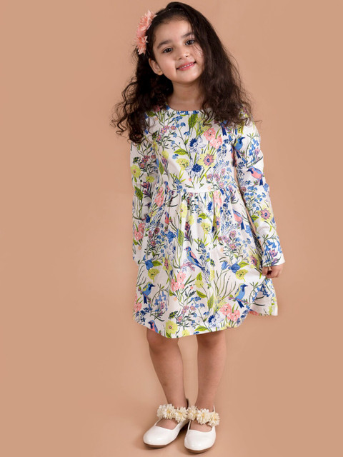 

pspeaches Girls White & Blue Floral Printed Fit & Flare Dress