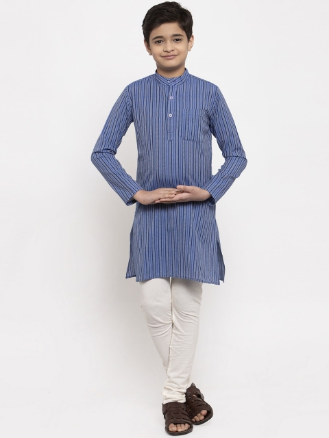 

NEUDIS Boys Blue & White Striped Regular Pure Cotton Kurta with Churidar