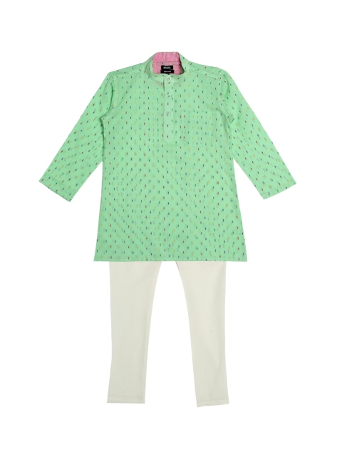 

NEUDIS Boys Green & Off-White Ethnic Motifs Woven Design Pure Cotton Kurta with Pyjamas