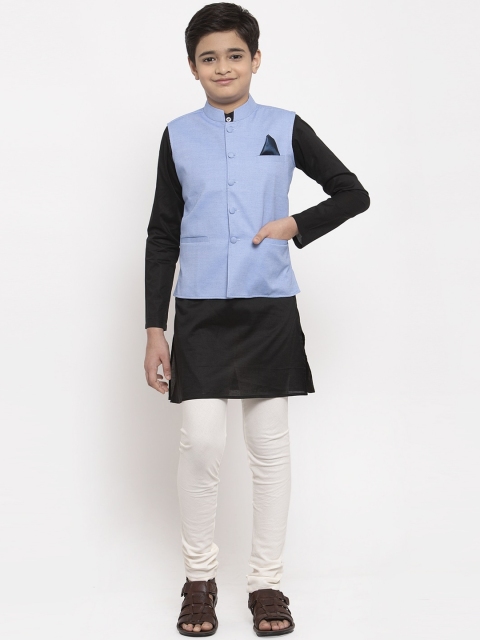 

NEUDIS Boys Black & Blue Pure Cotton Kurta with Churidar & Nehru Jacket