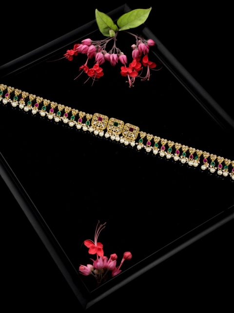 

Alankruthi Gold-Plated Red & Green Stone-Studded & Pearl Beaded Handcrafted Kamarband