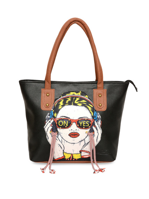 

Pink Potato Black & Brown Graphic Printed Structured Shoulder Bag With Applique